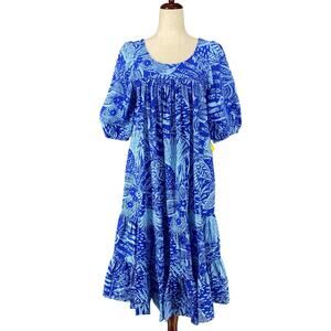 Vtg 80s 90s Two Potato Laguna Beach Midi Tiered Muumuu Dress XS Cotton Blue NOS